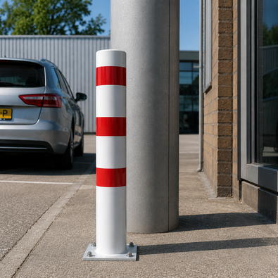 Rampaal 152 mm wit-rood met voetplaat bij een kolom op een parkeerplaats