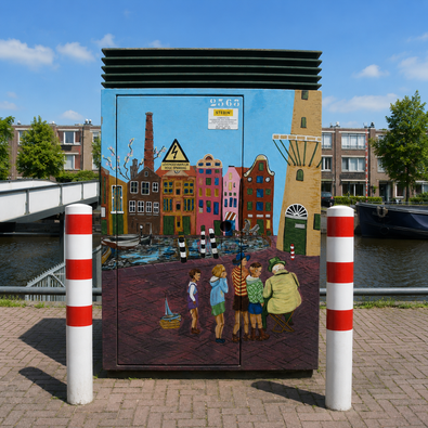 Wit-rode rampaal Ø152 mm voor betonverankering, met reflecterende strepen bij een Electra huisje