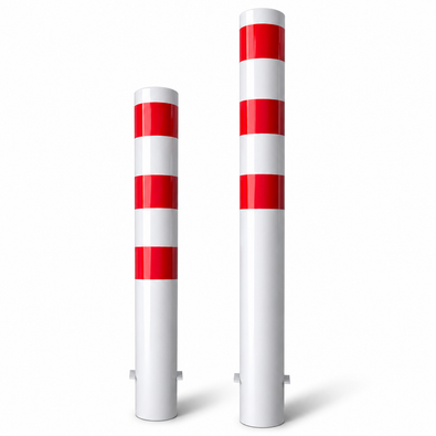 Twee wit-rode rampaal Ø152 mm voor betonverankering, met reflecterende banden.