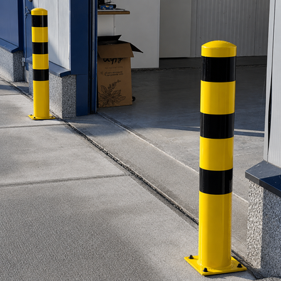 Gele en zwarte stalen rampaal Ø152 mm op voetplaat, staand op een betonnen ondergrond bij een roldeur