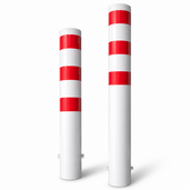 Twee wit-rode rampaal Ø193 mm voor betonverankering, met reflecterende strepen.