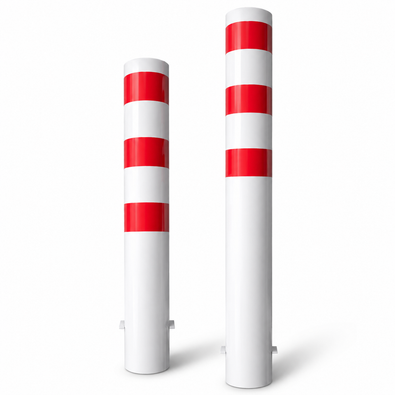 Twee wit-rode rampaal Ø193 mm voor betonverankering, met reflecterende strepen.