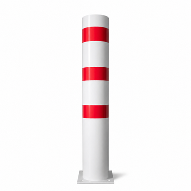 Witte rampaal Ø273 mm met drie rode reflecterende banden, gemonteerd op een voetplaat.