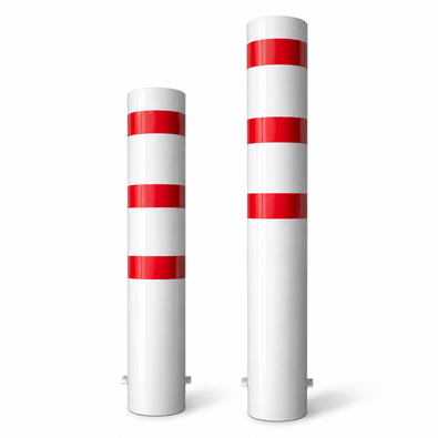 Twee wit-rode rampaalen Ø273 mm voor betonverankering, verschillende hoogtes.