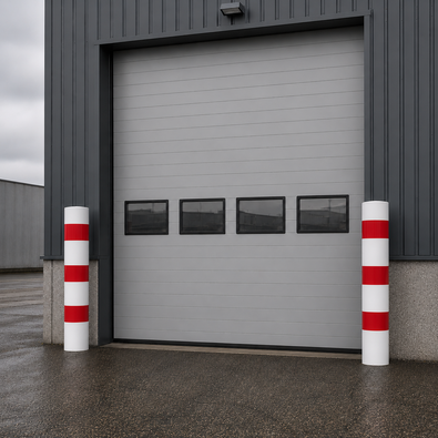 Rampaal 273 mm wit-rood bij een roldeur van een opslaglocatie