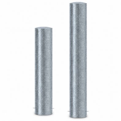 Twee verzinkt stalen rampalen Ø273 mm, cilindrisch met afgeronde top, voor betonverankering.