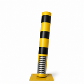 Gele en zwarte rampaal (Ø152 mm) op verende voetplaat, licht gekanteld.