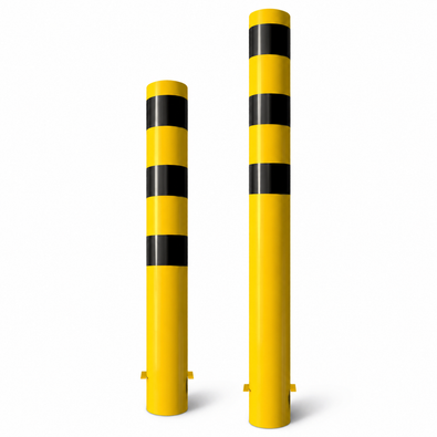 Twee gele-zwarte stalen rampaalen Ø152 mm voor betonverankering, met reflecterende strepen.