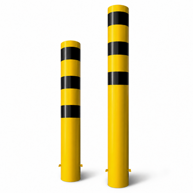 Twee gele en zwart gestreepte rampaalen, Ø193 mm, voor betonverankering.