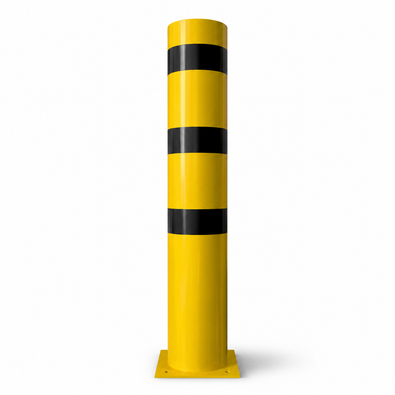 Gele stalen rampaal Ø273 mm met zwarte strepen, op een vierkante voetplaat.