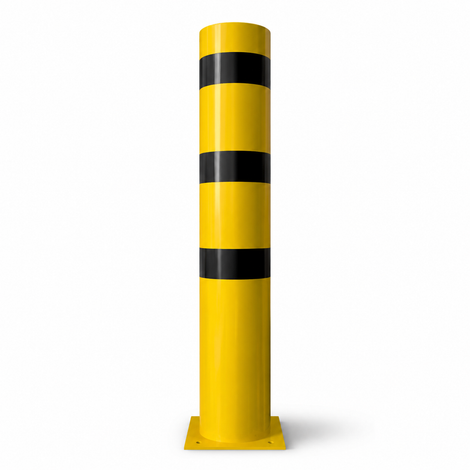 Gele stalen rampaal Ø273 mm met zwarte strepen, op een vierkante voetplaat.