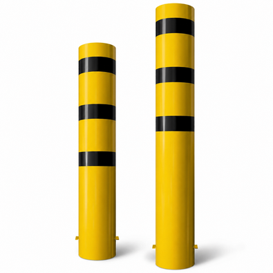 Twee gele rampalen Ø273 mm met zwarte strepen, voor betonverankering.