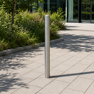 Rvs parkeerpaal 60mm voor met betonvoet geplaatst op een voetpad