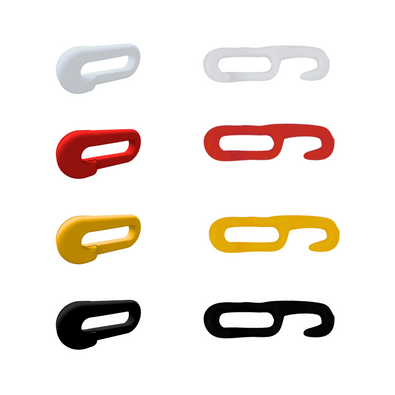 Kunststof schakels en haken voor afzetkettingen (6-8 mm) in wit, rood, geel en zwart.