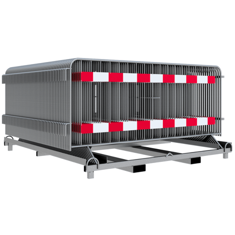 Set van 50 gegalvaniseerde dranghekken met 18 spijlen en rode/witte reflecterende strepen, gestapeld op een pallet.