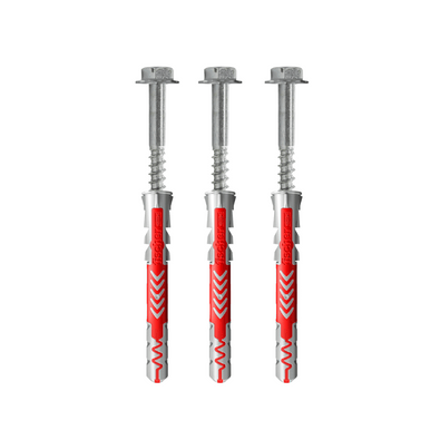 Set van 3 Fischer bouten 10x140 en rode pluggen 14x135, zilverkleurig metaal.
