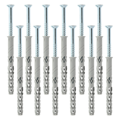 Set van 12 zilverkleurige schroeven 8x80 met grijze pluggen 10x100.