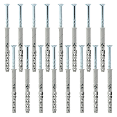 Set van 16 zilverkleurige 8x80 schroeven en grijze 10x100 pluggen, verticaal geordend.