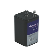 Zwarte 6V 4R25 batterij met veeraansluitingen voor waarschuwingslichten.