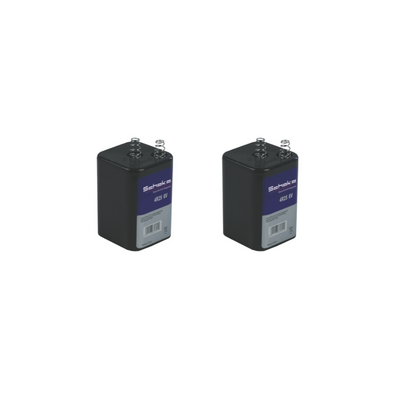 Twee zwarte, rechthoekige 6V/7AH batterijen met metalen veeraansluitingen, ideaal voor waarschuwingslichten.