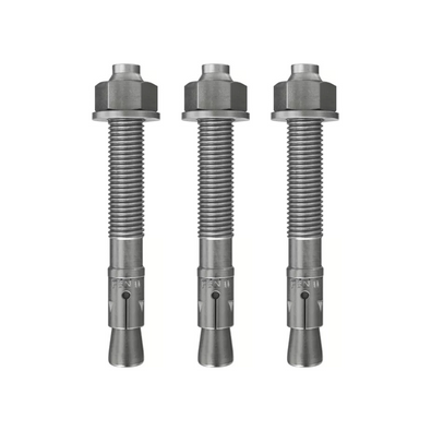 Set van 3 RVS snelbouwankers M12x100, zilverkleurig, met schroefdraad en zeskantmoer.