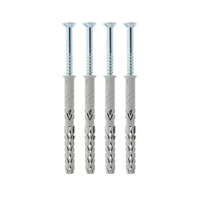 Set van 4 grijze pluggen 10x100 met verzinkte schroeven 8x80, professionele bevestigingsset.