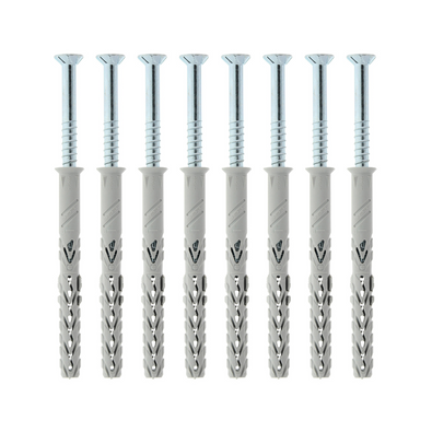 Set van 8 verzinkte schroeven 8x80 en grijze kunststof pluggen 10x100, verticaal geordend.