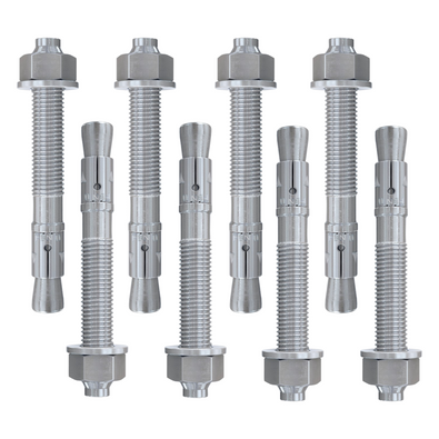Set van 8 verzinkte snelbouwankers M16x150, zilverkleurig, met moeren en bouten.