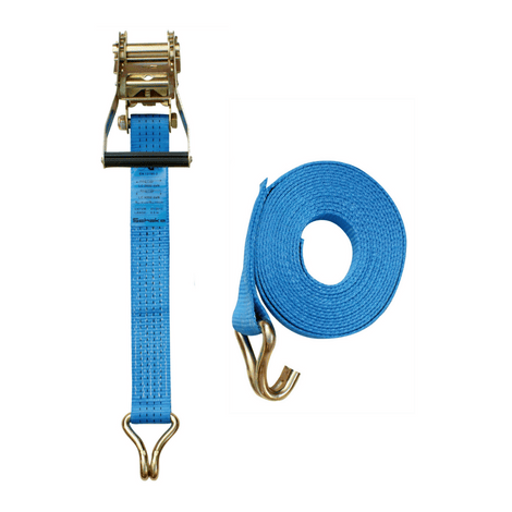 Blauwe spanband met ratel en dubbele J-haken, naast een opgerolde blauwe spanband met haak.