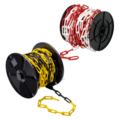 Twee rollen kunststof afzetketting, één wit-rood en één geel-zwart, 7 mm schakel, 10 meter.