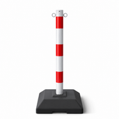 Wit-rode kettingpaal Ø60 mm op verzwaarde zwarte voet, met twee metalen ogen bovenaan.