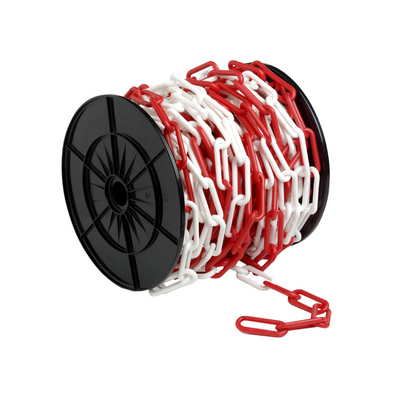 Rood-witte stalen afzetketting van 5 mm op een zwarte rol, 10 meter lang.