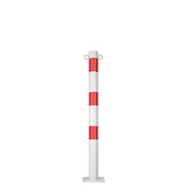 Witte en rode kettingpaal Ø60 mm met voetplaat en twee kettingogen.