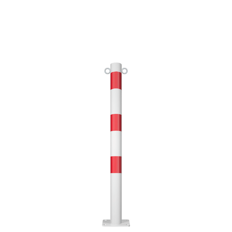 Witte en rode kettingpaal Ø60 mm met voetplaat en twee kettingogen.