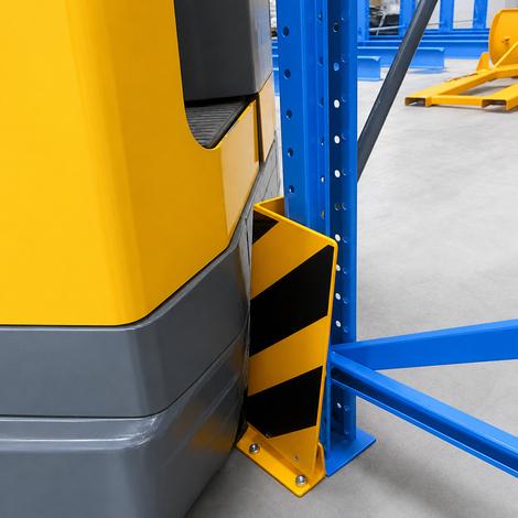 Geel-zwart flexibel hoekprofiel stootbeschermer voor vloermontage, beschermt een blauw magazijnrek tegen een gele heftruck.