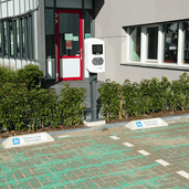 Witte betonnen stootbanden met blauw "Elektrische Voertuigen" logo bij een laadpaal.