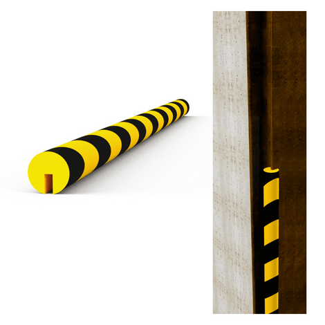 Geel-zwart rond stootbescherming profiel, 40 mm, met inwendige sleuf, zelfklevend.