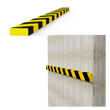 Geel-zwart zelfklevend stootbescherming profiel, plat 50x20mm, gemonteerd op een betonnen muur.