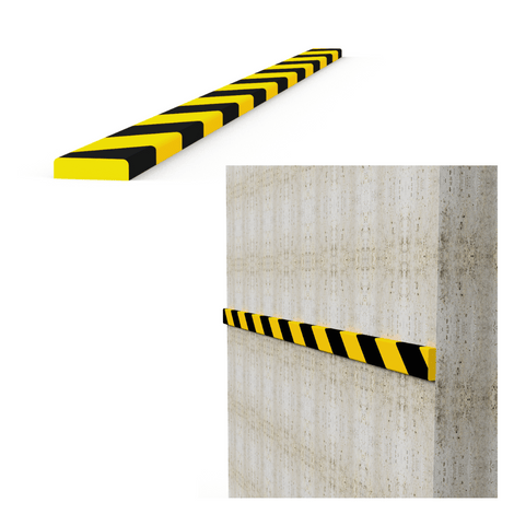 Geel-zwart zelfklevend stootbescherming profiel, plat 40x11mm, op witte achtergrond en gemonteerd op een betonnen muur.