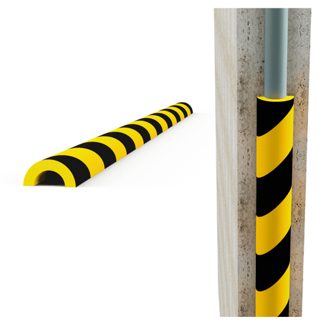 Geel-zwart, zelfklevend, half rond inwendig 30 mm stootbescherming profiel op een paal.