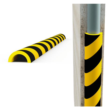 Geel-zwart, zelfklevend, half rond inwendig stootbeschermingsprofiel van 50 mm, 10 mm dik.
