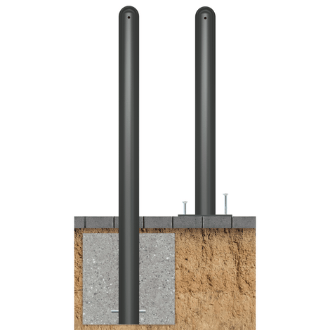 Zwarte Ø76 mm trottoirpaal met puntkop, getoond in zowel ingegraven als opbouwmontage.