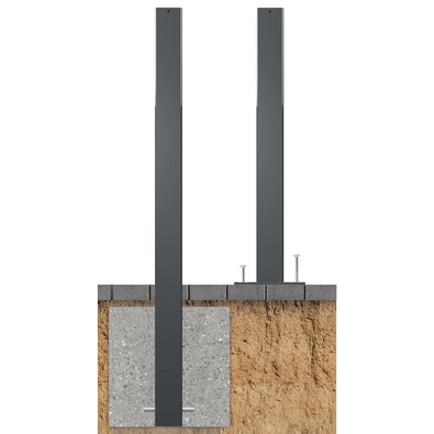Trottoirpaal 80x80 mm met vlakke kop, donkergrijs, getoond met inbouw- en opbouwmontage.