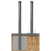Trottoirpaal Ø82 mm met ring kop, donkergrijs, getoond met inbouw- en opbouwmontage.