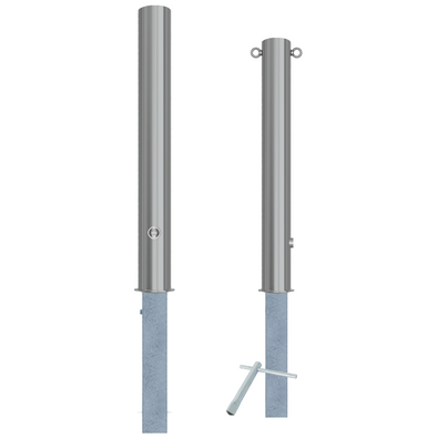 RVS uitneembare afzetpaal Ø102x900mm met slotopties, inclusief grondanker en sleutel.