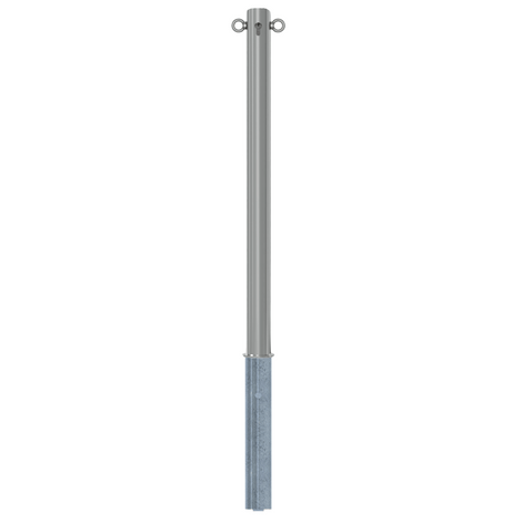 Uitneembare RVS afzetpaal, Ø60x900mm, met cilinderslot en 2 kettingogen, op witte achtergrond.