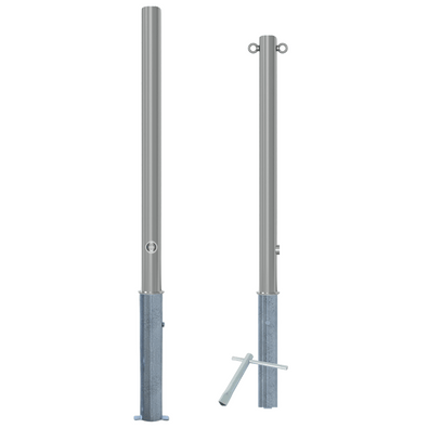 Uitneembare RVS afzetpaal Ø60 x 900 mm met slot opties, inclusief grondanker en sleutel.