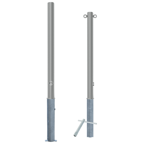 Uitneembare RVS afzetpaal Ø60 x 900 mm met slot opties, inclusief grondanker en sleutel.