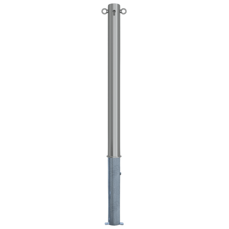RVS uitneembare afzetpaal, Ø76x900mm, met cilinderslot en 2 kettingogen, op witte achtergrond.