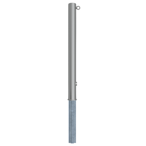 RVS uitneembare afzetpaal, Ø76x900mm, met driekantslot en 1 kettingoog, op witte achtergrond.